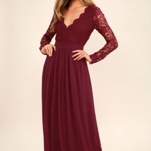 AWAKEN MY LOVE BURGUNDY LONG SLEEVE LACE MAXI DRES